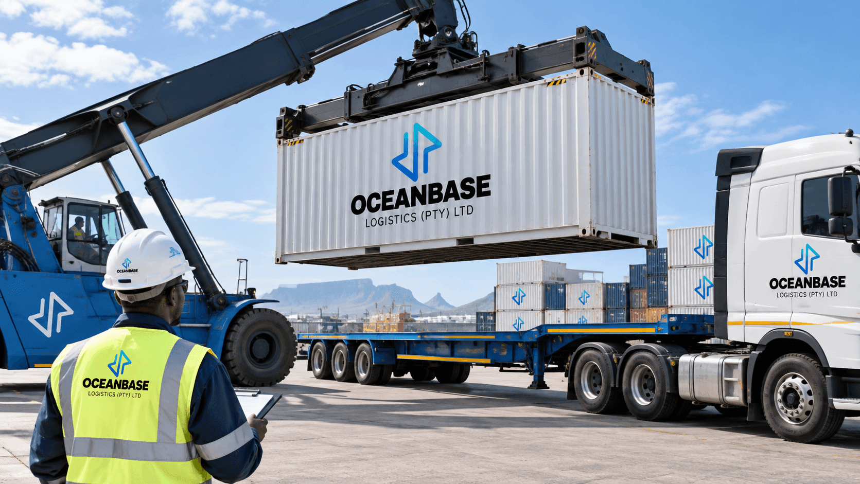 Container being lifted onto a trailer at a yard