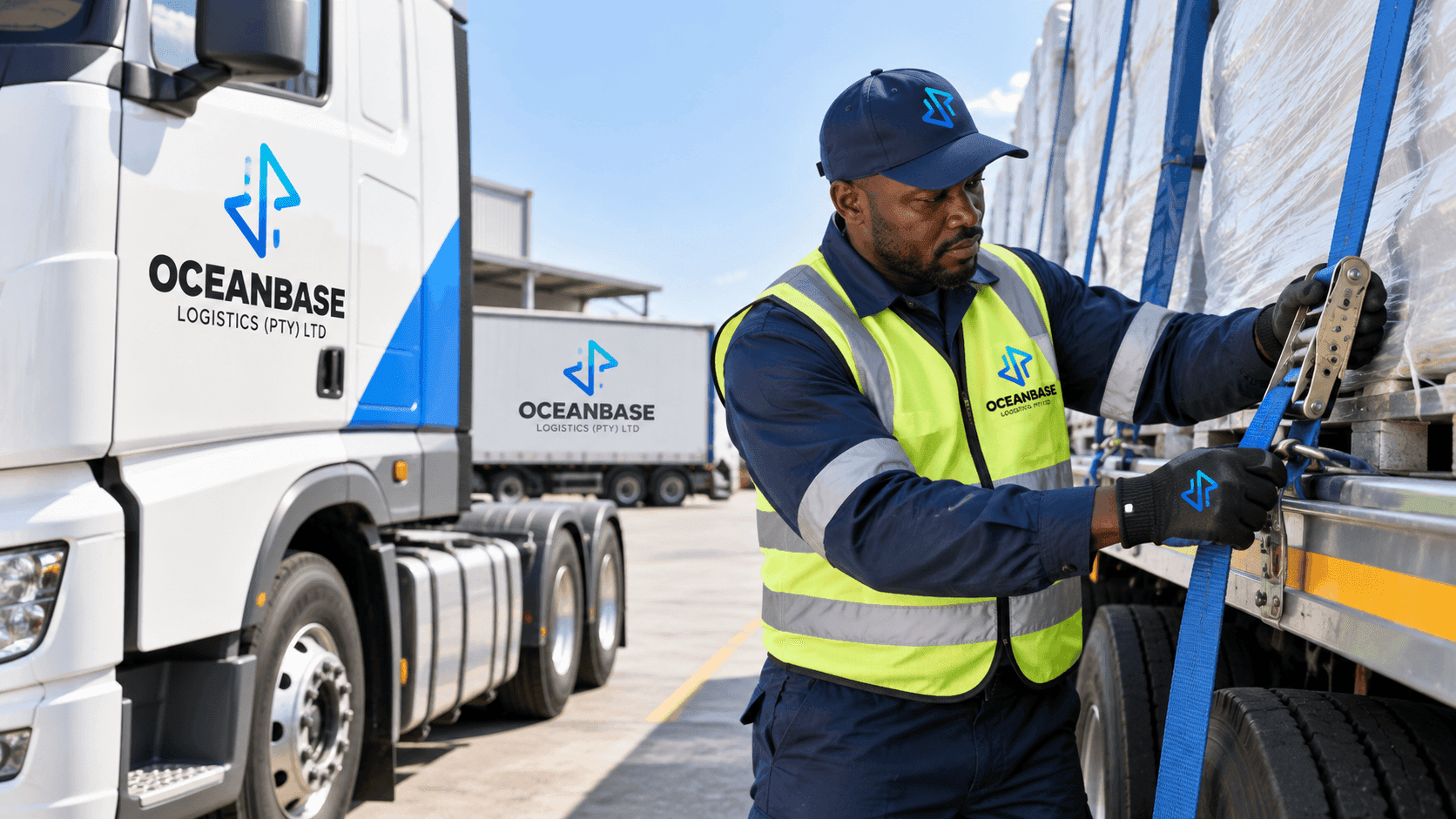Driver inspecting a truck and securing cargo before departure
