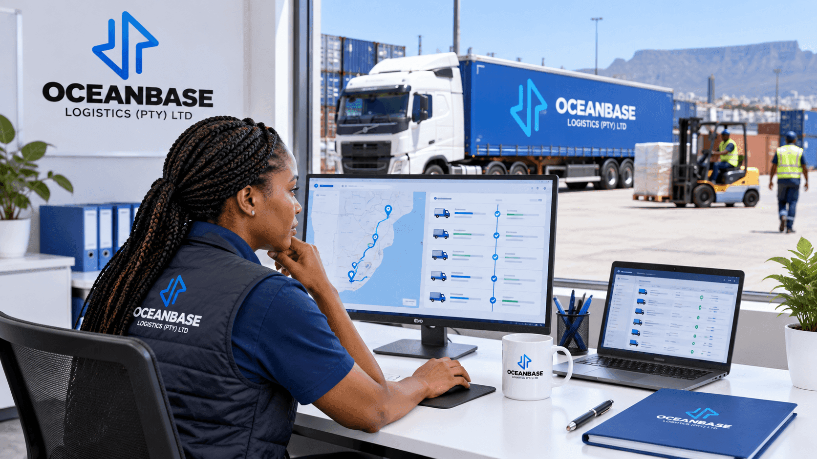 Logistics coordinator viewing shipment status on a screen