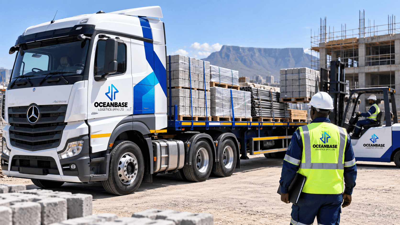 Construction materials loaded on a flatbed truck