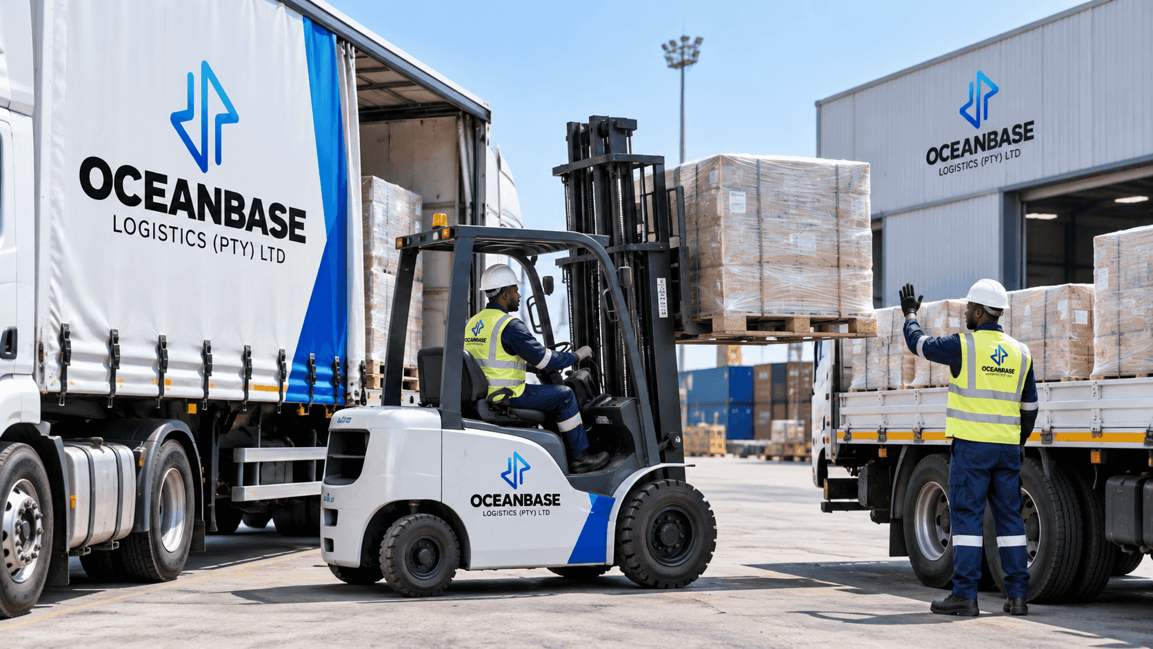 Cargo being transferred between vehicles