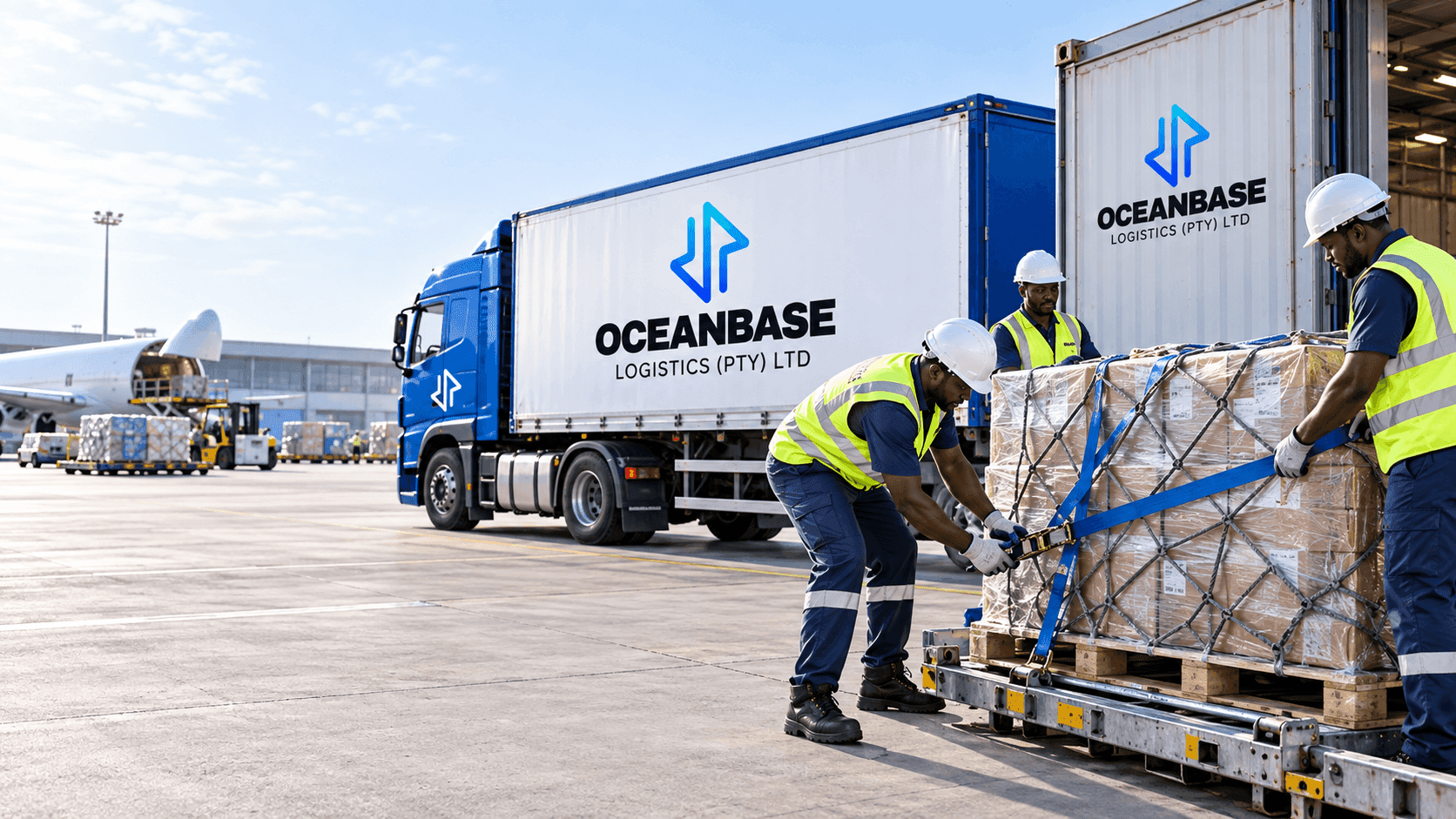 Warehouse team handling palletised cargo with a forklift