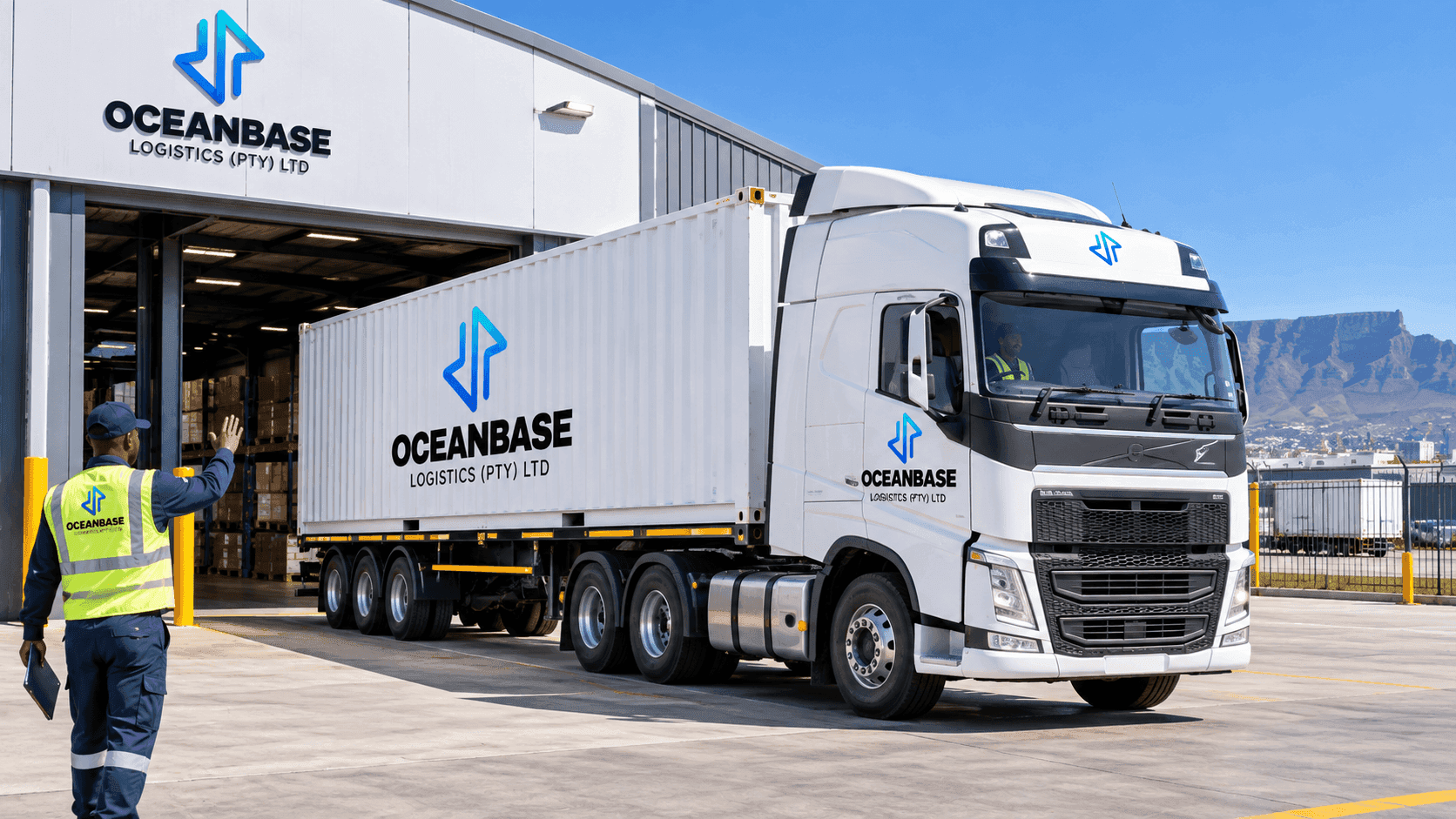 Container trailer leaving a warehouse