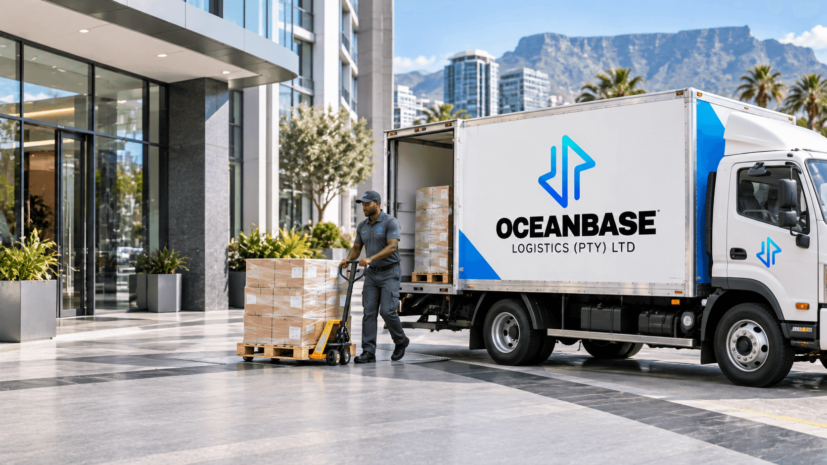 Delivery vehicles departing a distribution warehouse
