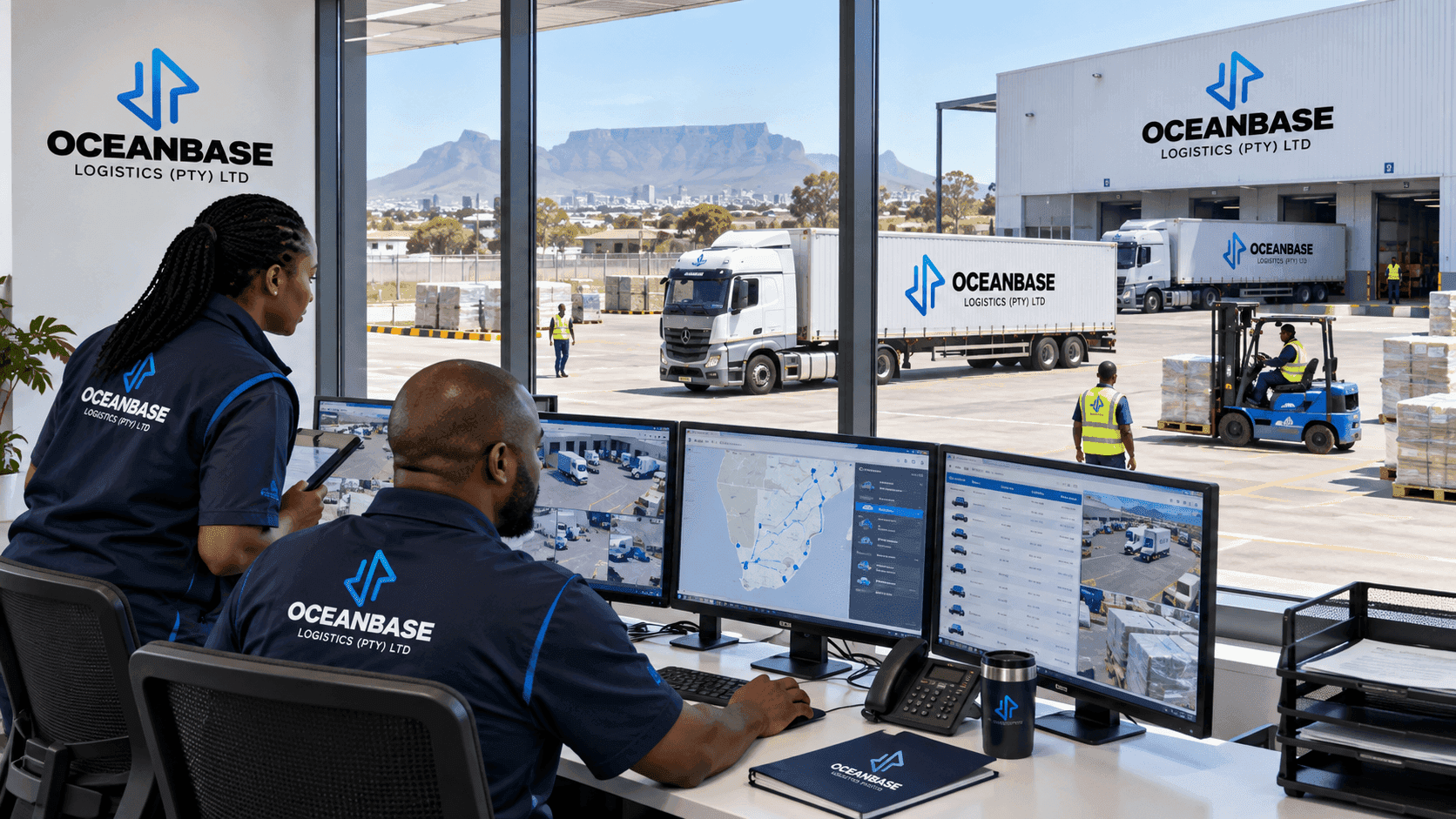 Logistics operations centre overlooking warehouse and yard activity