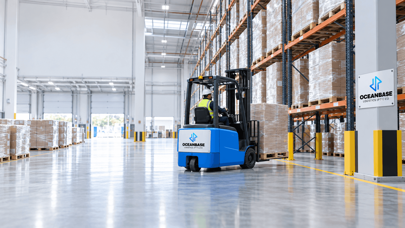 Interior of a warehouse with racked pallets and a clear loading floor